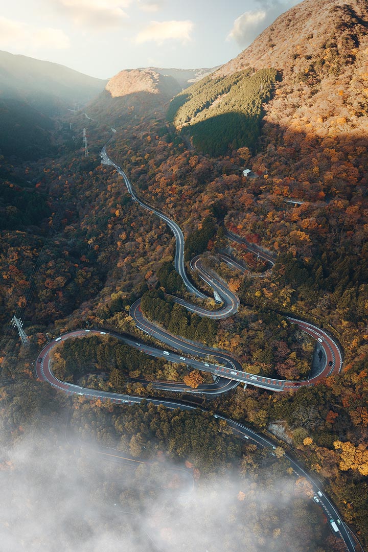 Hakone Photography Guide - Drone shot of winding roads at autumn - Japan