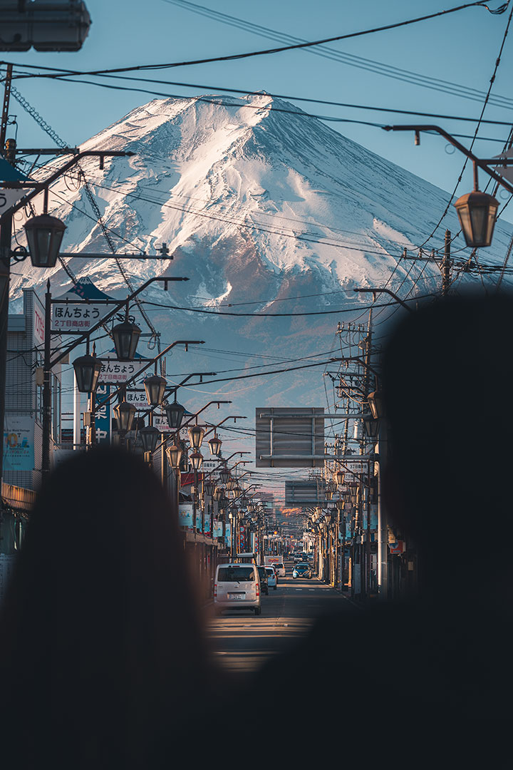 Honcho Street with white Mount Fuji