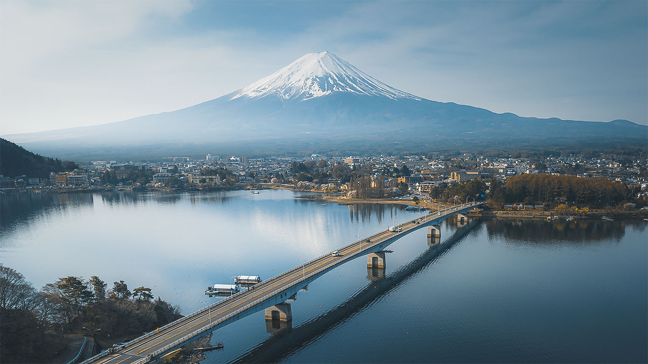 Aerial view of Kawaguchiko Bridge at Mount Fuji