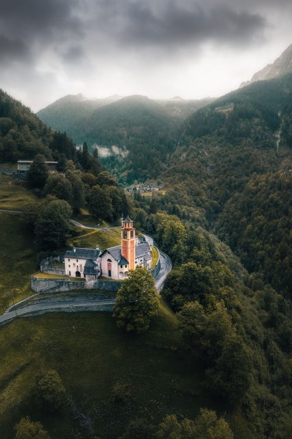 Aerial drone view of church in Cerentino
